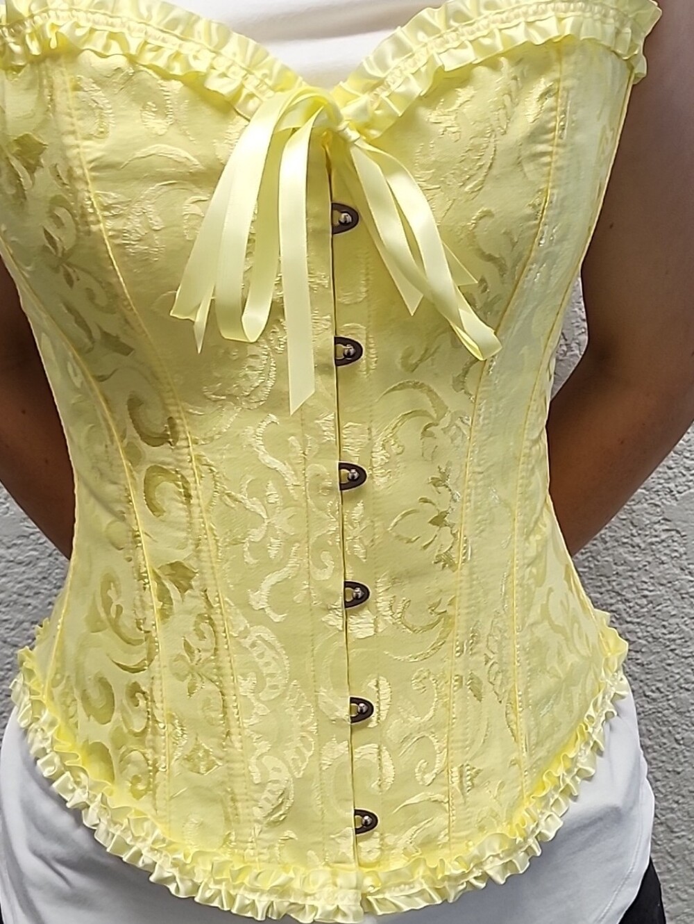 Yellow Floral Brocade Corset Top with Ruffle Trim